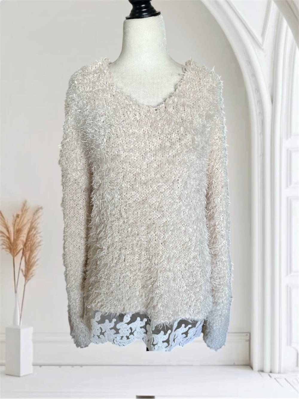 Olivia Sky Cozy Neutral Eyelash V-Neck Sweater with Lace Trim L